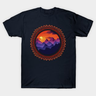 Sunset over mountains with red mandala T-Shirt